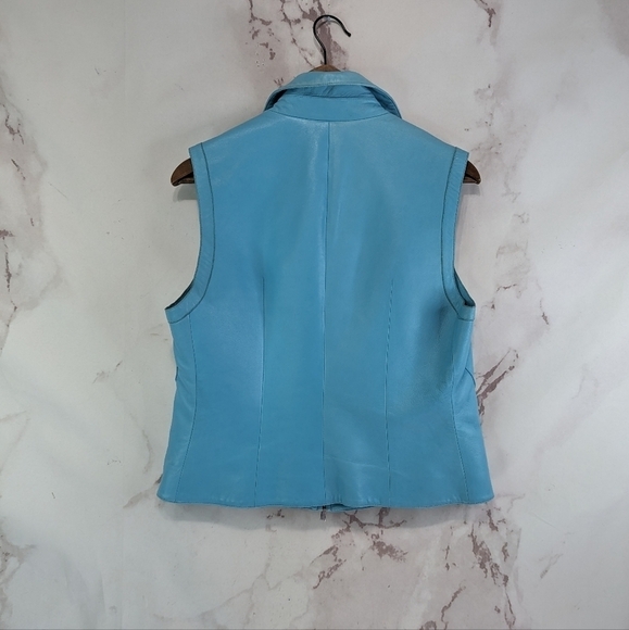 Vintage Leather Vest Womens Medium Blue Zip Turquoise Gilet Cropped 60s 80s Mod - Picture 5 of 9
